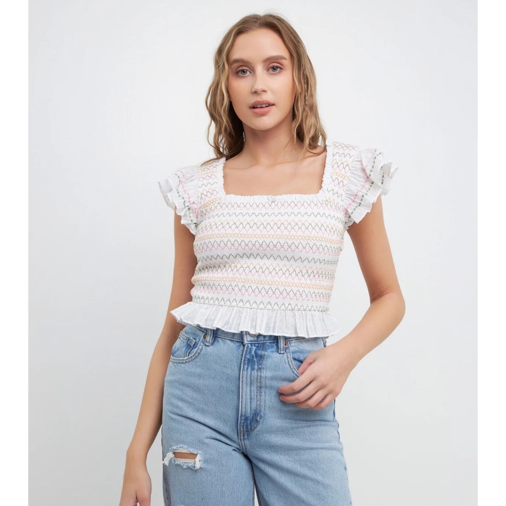 Free the Roses Smocked Multi Color Embroidered Crop Top